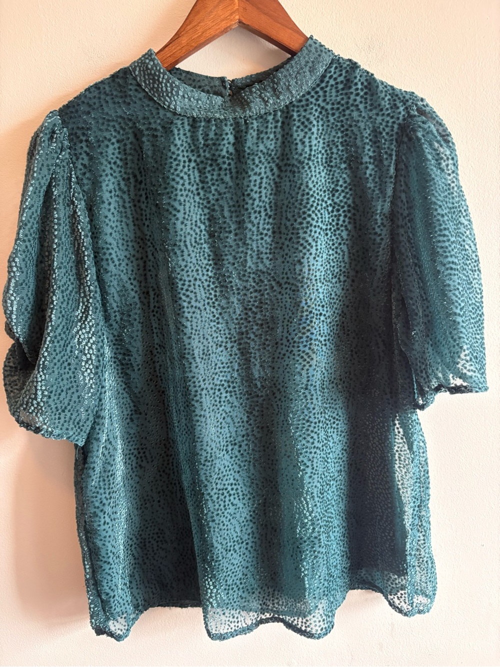 Maurices Teal Velvet Dot Mock Neck Blouse Medium Puff Sleeve Fall